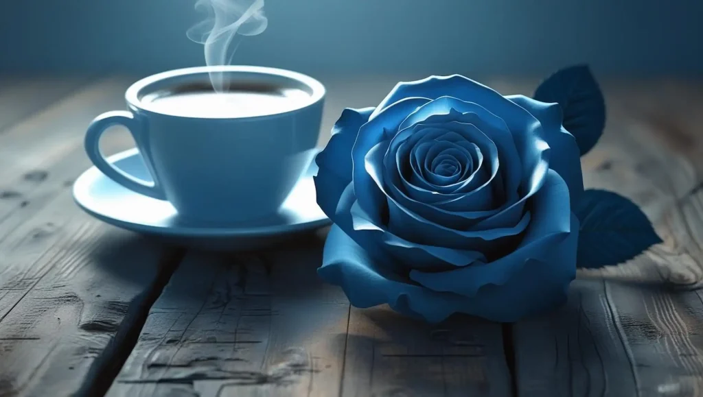 فنجان قهوه در کنار گل رز ابی
