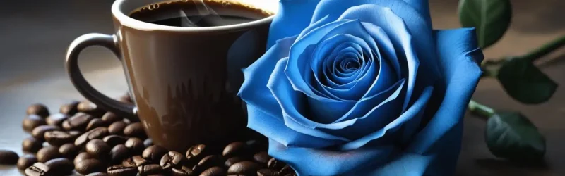 گل رز ابی کنار فنجان قهوه و درکنار دانه قهوه